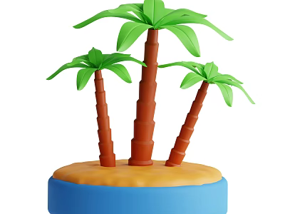 Three Green Palm Trees With Brown Trunks On Blue And Yellow Round Base 3d model