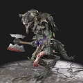Dark Fantasy Game Movie Character With Horned Head Green Glowing Axe And Bone Decorations