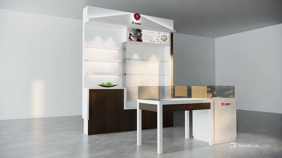 White Brown Display Cabinet Shelving With Glass Counter Yami Logo Green Fruit And Shelves 3d model 