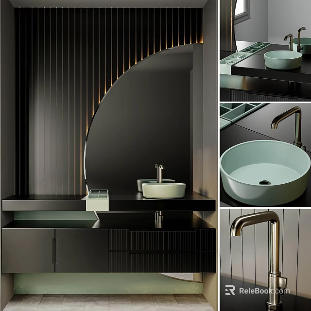 Modern Dark Washbasin Design With Sleek Countertop Gold Faucet And Black Cabinet 3d model 