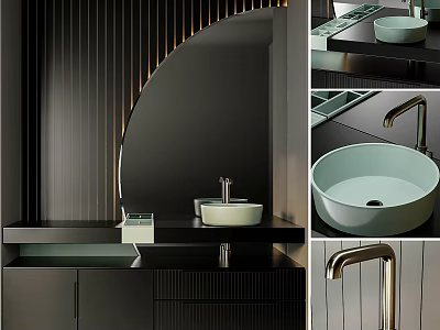 Modern Dark Washbasin Design With Sleek Countertop Gold Faucet And Black Cabinet 3d model