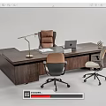 Dark Wooden Office Desk With Desk Lamp Laptop Documents And Two Office Chairs