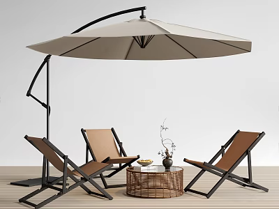 Stylish Brown Outdoor Chairs With Beige Patio Umbrella And Wicker Coffee Table 3d model