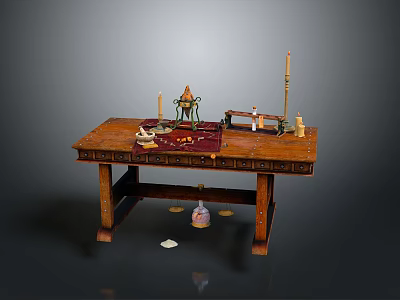 Antique Wooden Desk With Carved Details Candle Holders Ink Bottle And Seal 3d model