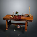 Antique Wooden Desk With Carved Details Candle Holders Ink Bottle And Seal