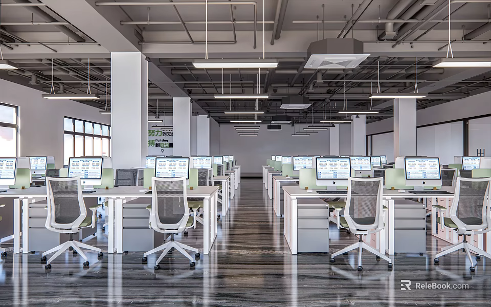Modern Public Office Space With Spacious Workstations Computer Monitors And White Office Chairs 3d model