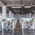 Modern Public Office Space With Spacious Workstations Computer Monitors And White Office Chairs 3d model