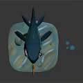 Shark Aquatic Animal with Open Mouth Small Fish Bubbles and Aquatic Plants on Water Ripples