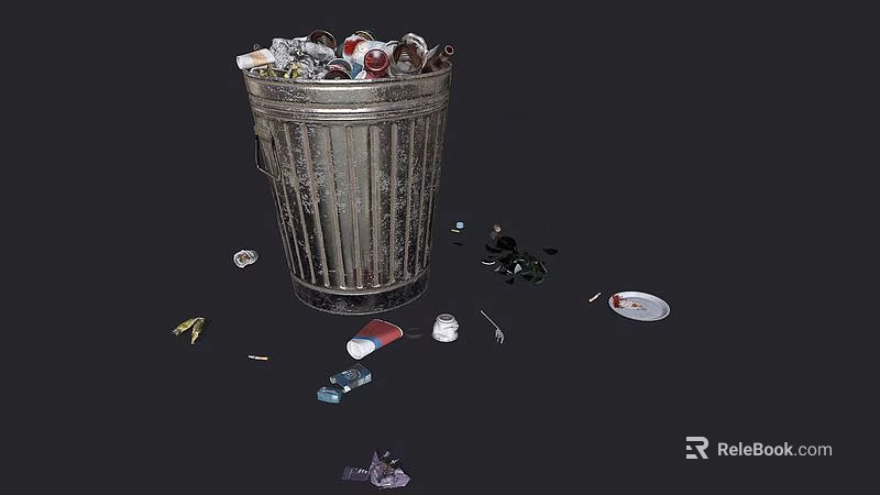 Overflowing Metal Trash Can With Garbage Bottles And Plates Scattered Around 3d model 