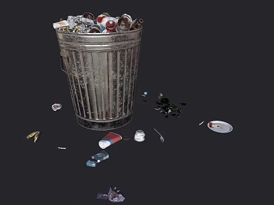 Overflowing Metal Trash Can With Garbage Bottles And Plates Scattered Around 3d model