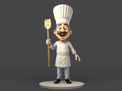 Cartoon Man Chef In White Uniform With Chef Hat Holding Spatula Smiling 3d model