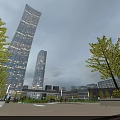 Urban Night Landscape With Illuminated Skyscrapers Green Trees And Open Square