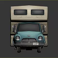 Vintage Blue And Beige Camper Van With Extended Roof Rectangular Windows And Wooden Paneling