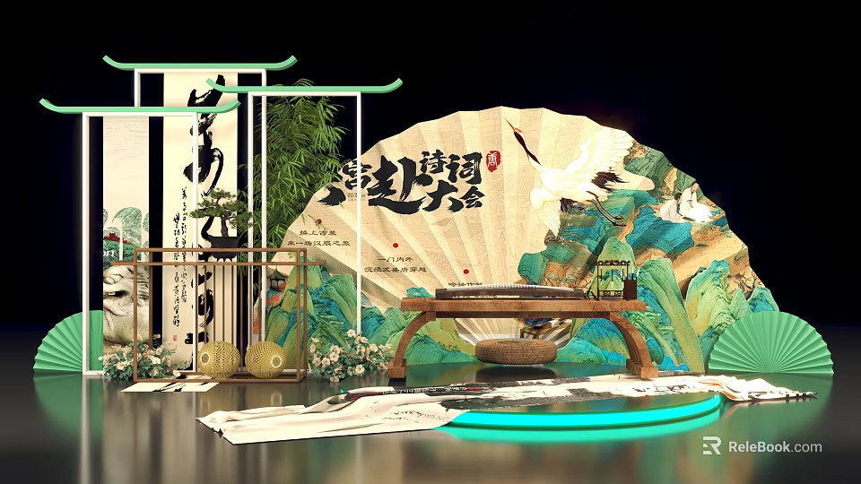 Ancient Style Photo Check In Spot Featuring Fan Screen Calligraphy Crane Greenery Stone Platform Lighting 3d model 
