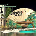 Ancient Style Photo Check In Spot Featuring Fan Screen Calligraphy Crane Greenery Stone Platform Lighting