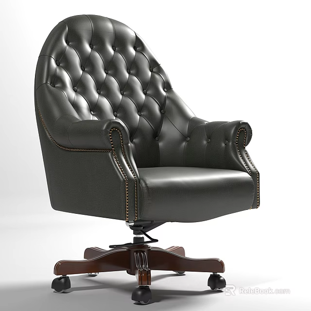 Black Leather Tufted Office Chair With Armrests And Swivel Wooden Base 3d model 