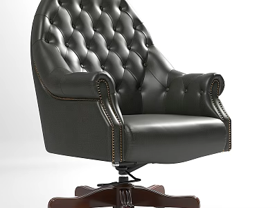 Black Leather Tufted Office Chair With Armrests And Swivel Wooden Base 3d model