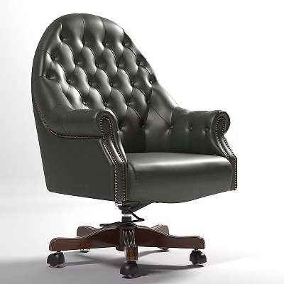 Black Leather Tufted Office Chair With Armrests And Swivel Wooden Base 3d model