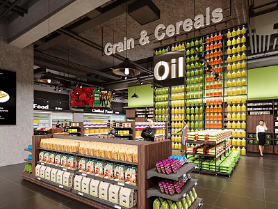 Supermarket Grocery Area With Grain Cereals Oil And Well Stocked Product Shelves 3d model