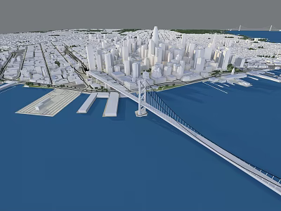 Detailed Urban City Skyline Model With Tall Buildings And Suspension Bridge Over Blue Water 3d model