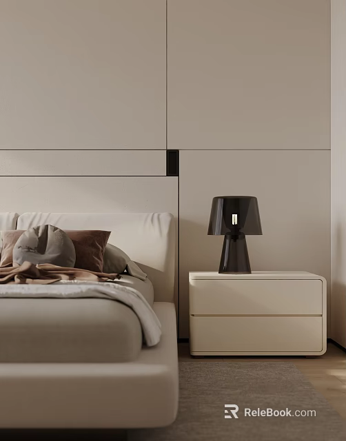 Light Colored Bedside Table with Black Table Lamp in Modern Bedroom with Pillows and Blanket 3d model 