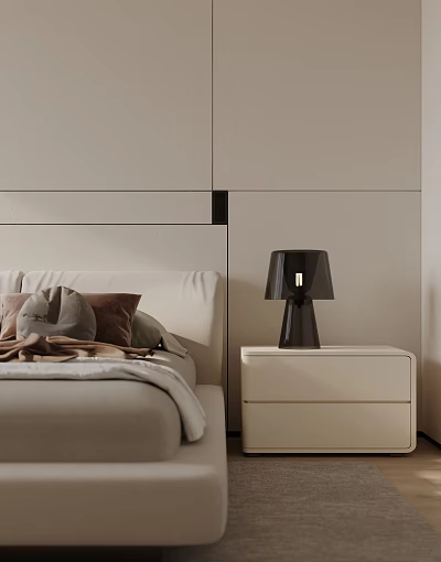 Light Colored Bedside Table with Black Table Lamp in Modern Bedroom with Pillows and Blanket 3d model