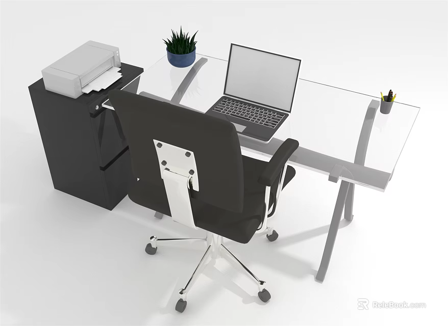 Modern Glass Top Office Desk With Black Office Chair Laptop Printer And Potted Plant 3d model 