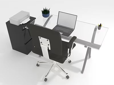 Modern Glass Top Office Desk With Black Office Chair Laptop Printer And Potted Plant 3d model
