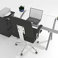 Modern Glass Top Office Desk With Black Office Chair Laptop Printer And Potted Plant