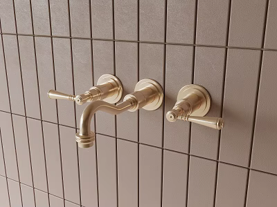 Golden Faucet Mounted On Grey Tile Wall With Two Handles 3d model