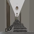 Elevator Hallway With Wooden Doors Stone Slab Steps Hanging Pendant Lights And Wall Lanterns