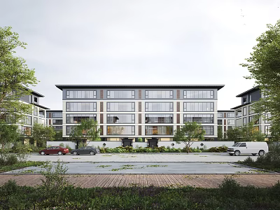 Modern Multi Story Residential Building Exterior With Large Windows Lush Greenery And Parked Cars 3d model