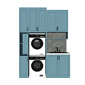 Blue Bathroom Cabinetry With Washing Machine Dryer Storage And Open Shelves 3d model