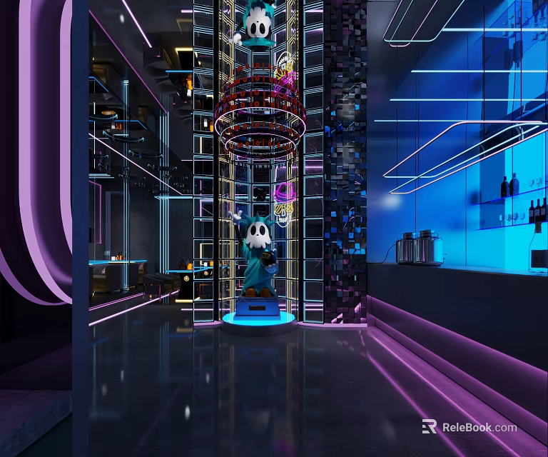 Modern Bar Interior With Neon Lights Wine Racks And Decorative Elements 3d model 