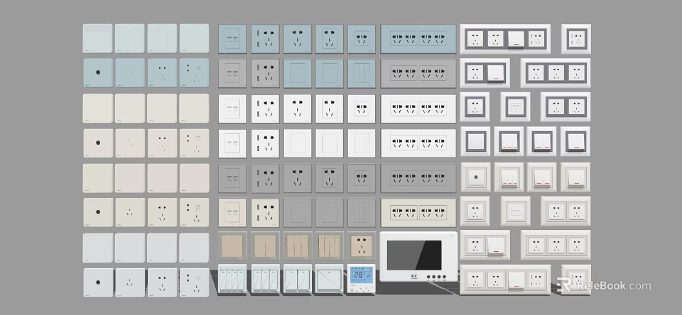 Various Modern Switch Panels with Different Colors Styles and Functional Designs 3d model