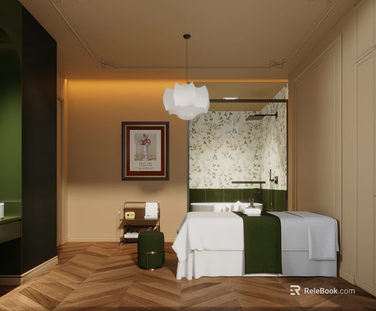 Luxury SPA Sauna Interior Design With Cozy Massage Bed And Warm Decor Lighting 3d model 