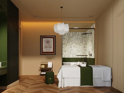 Luxury SPA Sauna Interior Design With Cozy Massage Bed And Warm Decor Lighting 3d model