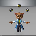 Cartoon Cat In Blue And White Striped Coat Juggling Yellow And Black Striped Balls