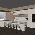 Elegant Modern Kitchen Interior With Marble Island Counter Pendant Lights And White Stools