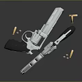Silver Revolver With Black Grip And Scattered Bullets On Dark Surface 3d model