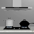 Contemporary Kitchen Gas Stove With Range Hood And Cooking Pots On Countertop