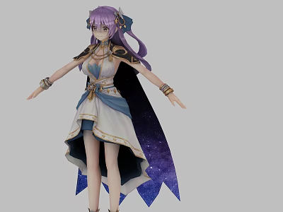 Anime Game Character With Long Purple Hair White And Blue Outfit Starry Cloak Golden Decorations 3d model