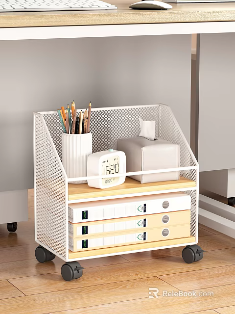 White Mesh Storage Shelf With Pencil Holder Clock And File Organizers For Desk 3d model 