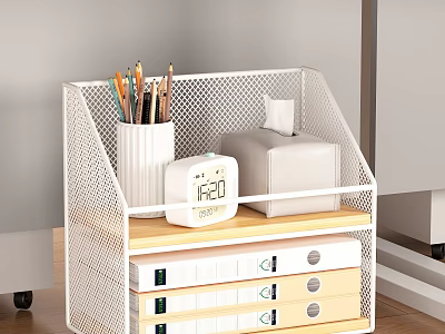 White Mesh Storage Shelf With Pencil Holder Clock And File Organizers For Desk 3d model