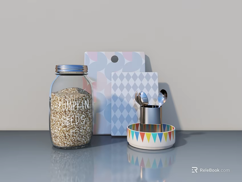 Glass Jar of Oats with Colorful Patterned Card Metal Measuring Spoon and Colorful Striped Bowl 3d model 