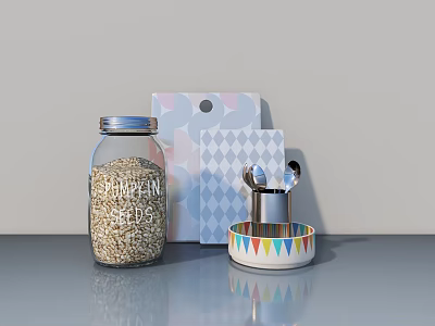 Glass Jar of Oats with Colorful Patterned Card Metal Measuring Spoon and Colorful Striped Bowl 3d model