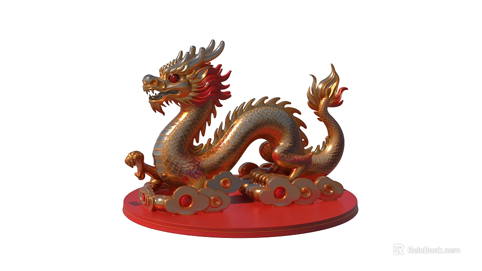 Artistic Golden Dragon Carved Sculpture With Red Base And Cloud Decorations 3d model 