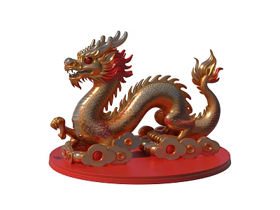 Artistic Golden Dragon Carved Sculpture With Red Base And Cloud Decorations 3d model