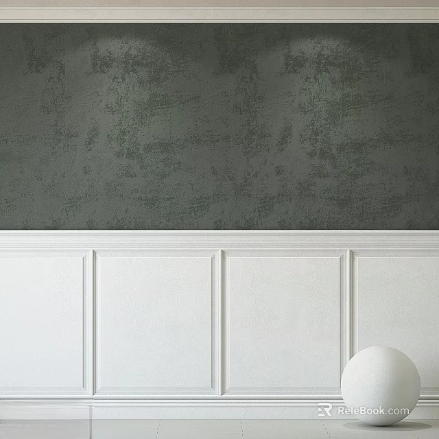 Dark Green Textured Wall Interior With White Wainscoting And White Sphere 3d model 