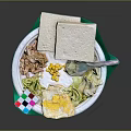 Chicken Shreds Meal With Sandwich Scrambled Eggs Corn And Cabbage On White Plate Green Napkin